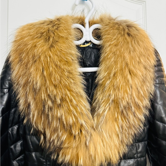 Genuine Lamb Leather with Real Fur Hood Down Jacket, Size L - Picture 3 of 14